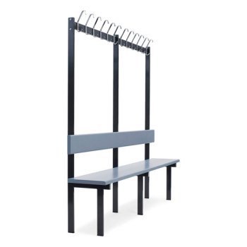Ensidig garderobe- og sittebenk med stål knaggrekke inkl. 12 stk doble skolekroker og grå laminatbord i rygg og sitteflate. Bredde 2000mm