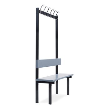 Ensidig garderobe- og sittebenk med stål knaggrekke inkl. 6 stk doble skolekroker og grå laminatbord i rygg og sitteflate. Bredde 1100mm