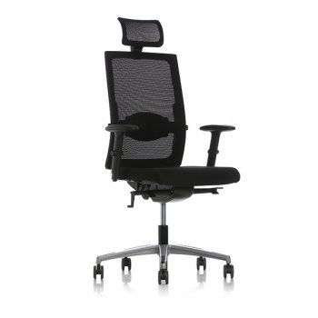 Brilliant kontorstol i svart tekstil og med netting rygg inkl. korsryggstøtte, hjulkryss samt justerbar nakkestøtte og armlener. Sett skrått forfra