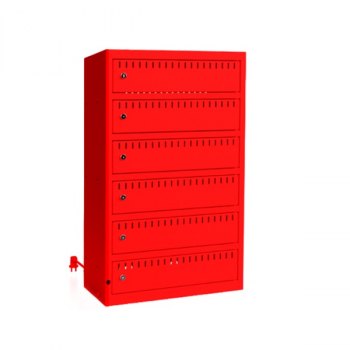 Rød 6-roms ladeskap for sykkelbatterier med stikkontakt, sylinderlås og perforeringer