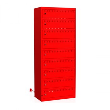 Rød 9-roms ladeskap for sykkelbatterier inkl. stikkontakt, sylinderlås og perforeringer